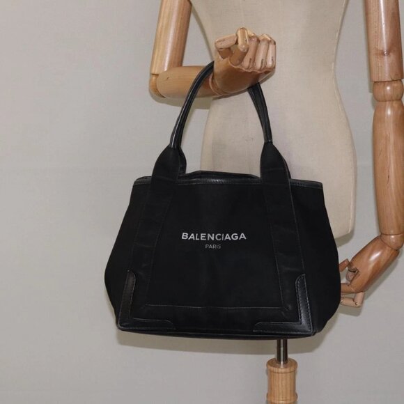 BALENCIAGA Navy Cabas S Hand Bag Canvas Black Silver - Picture 1 of 15